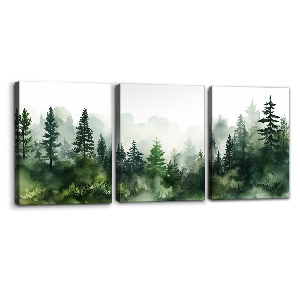 Pacimo 3 Pieces Canvas Wall Art Print Misty Forest Green Nature Mountain Painting Wall Decor for Living Room Home Decoration Natural Landscape Gallery Wrapped Posters and Prints - 12"x16"x3