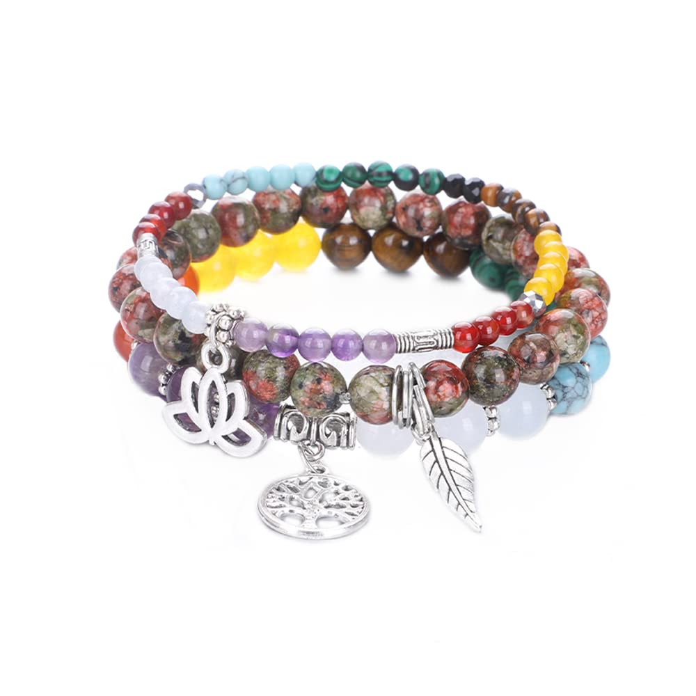 UEUC Gemstone Chakra Bracelets for Women, Multilayer Tree of Life Lotus Crystal Healing Stone Bracelet Sets, Yoga Meditation Reiki Relax Bracelets for Stress Relief(#138)