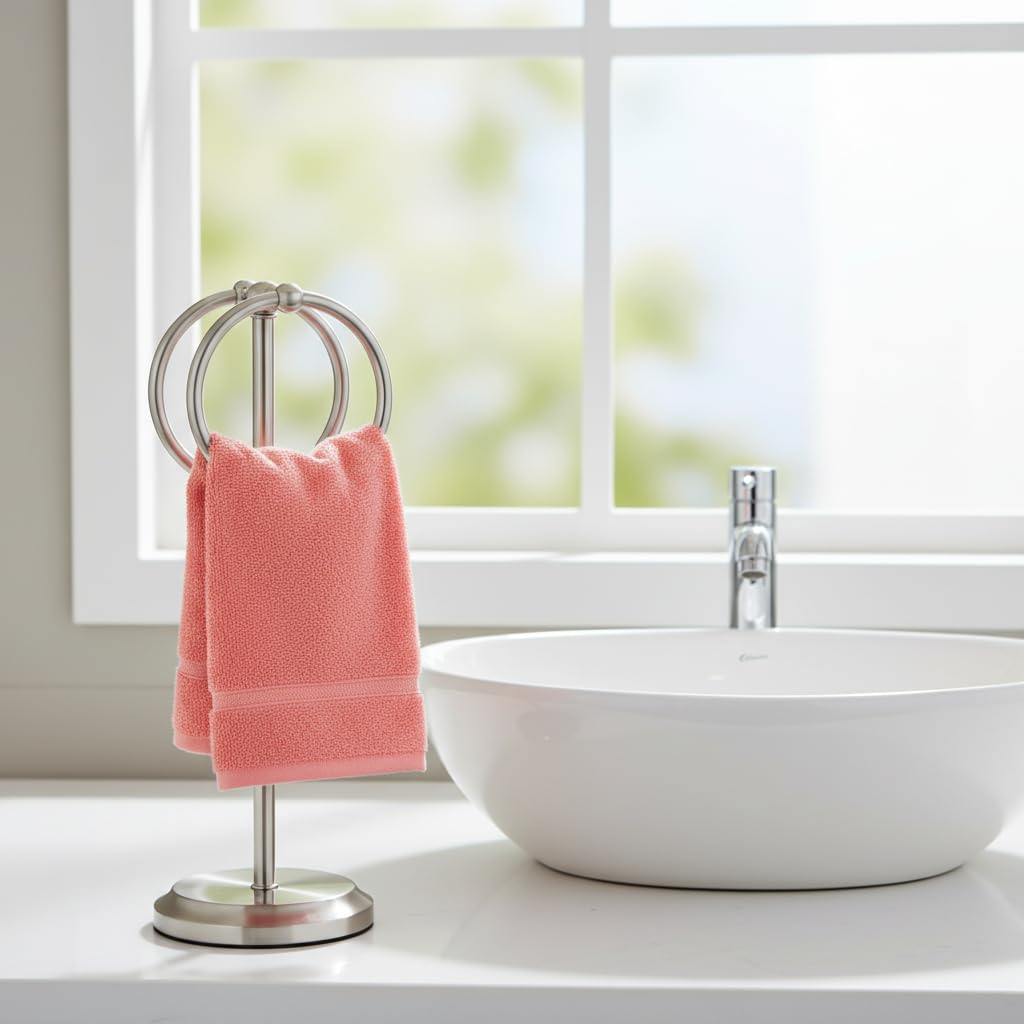 J&V TEXTILES Steel Towel Rack Holder Stand with 2 Hanging Rings for Bathroom Vanity Countertops - Space Saving Hand Towel Holder (Brushed Satin Nickel)