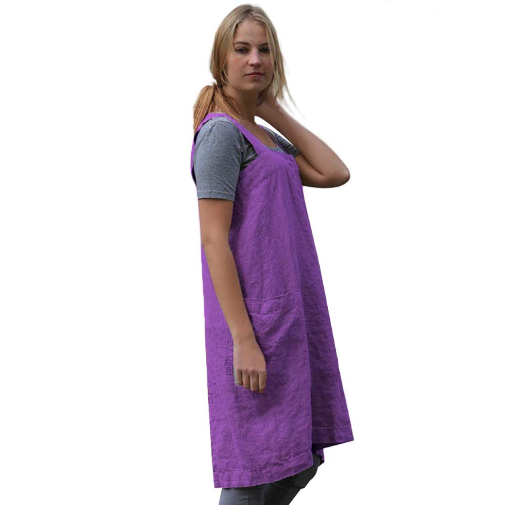 Larmliss Women's Pinafore Square Apron Baking Cooking Gardening Works Cross Back Cotton/Linen Blend Dress with 2 Pockets Purple-M