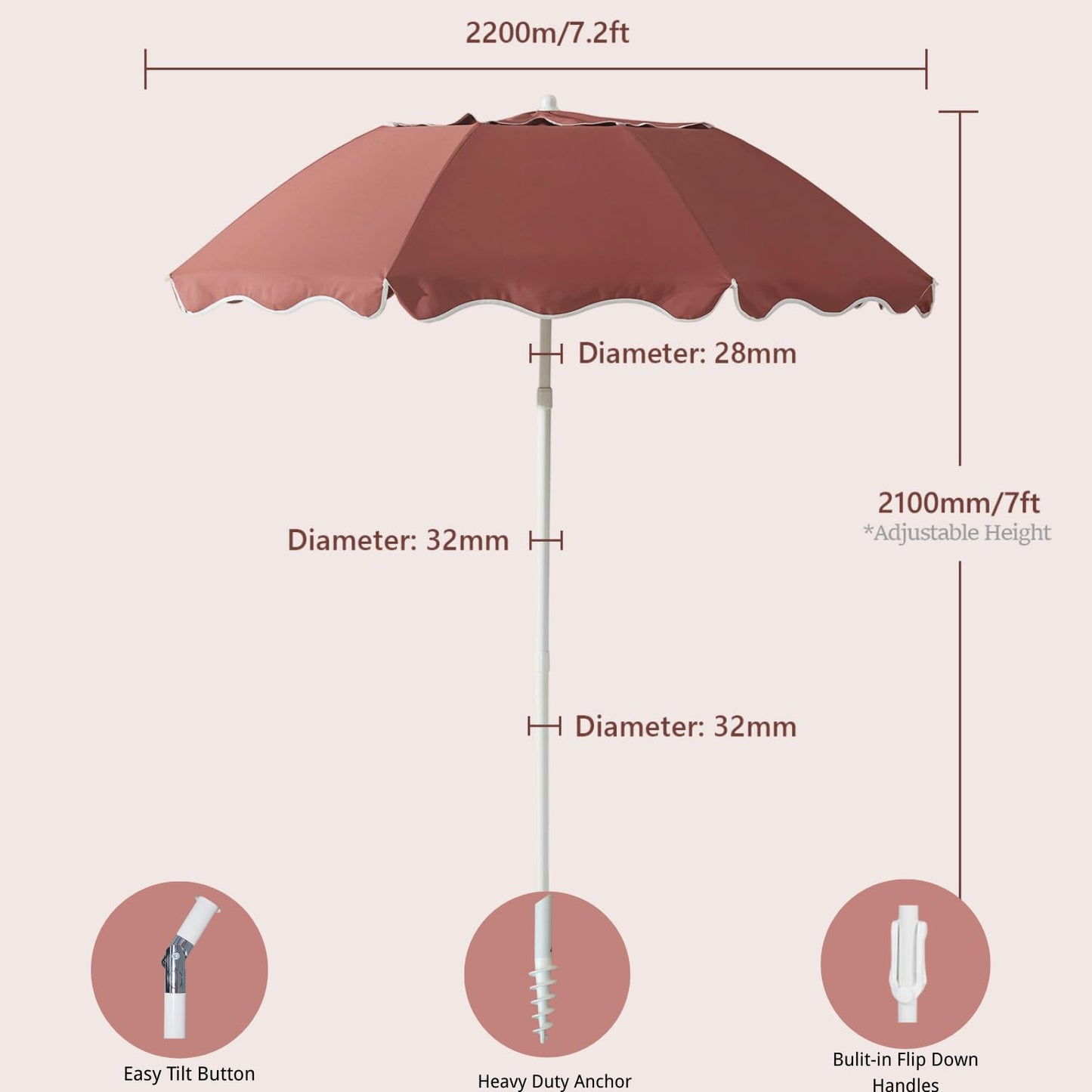 DEER LAND 7.2FT Patio Beach Umbrella, UPF 50+ Sun Protection, Adjustable Height and Tilt, Wind-Resistant Fiberglass Ribs, Portable 2-Fold Design, Includes Carry Bag, Base Not Included