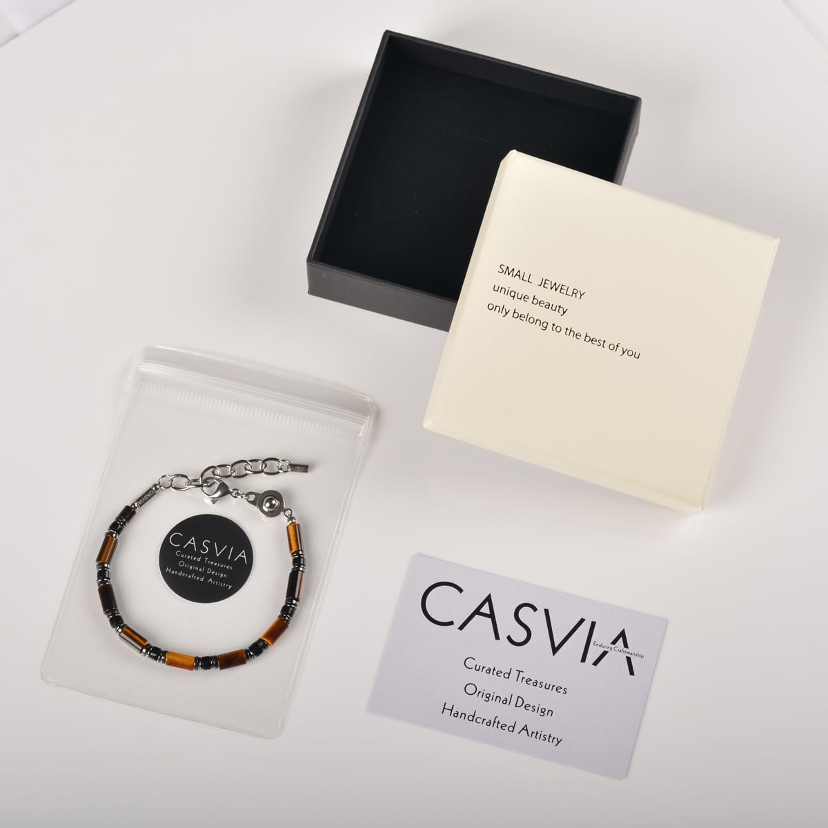 Casvia Men’s Beaded Tiger Eye Gemstone Bracelet - Handcrafted Original Design, Hematite & Obsidian Accents, Adjustable Stainless Steel Dual-Clasp, Thickened Steel Wire, 6.89–8.8 Inch, Gift for Men