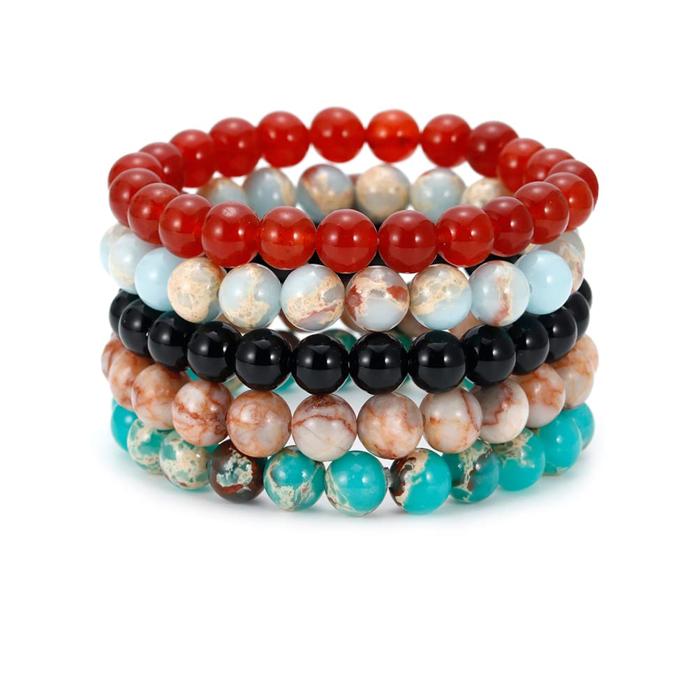 BOMAIL 5PCS Semi-Precious Gemstone Bracelet - Healing Crystal Stone Beaded Bracelets for Women Men 8mm Round Beaded Stretch Bracelets Unisex Yoga Bracelets
