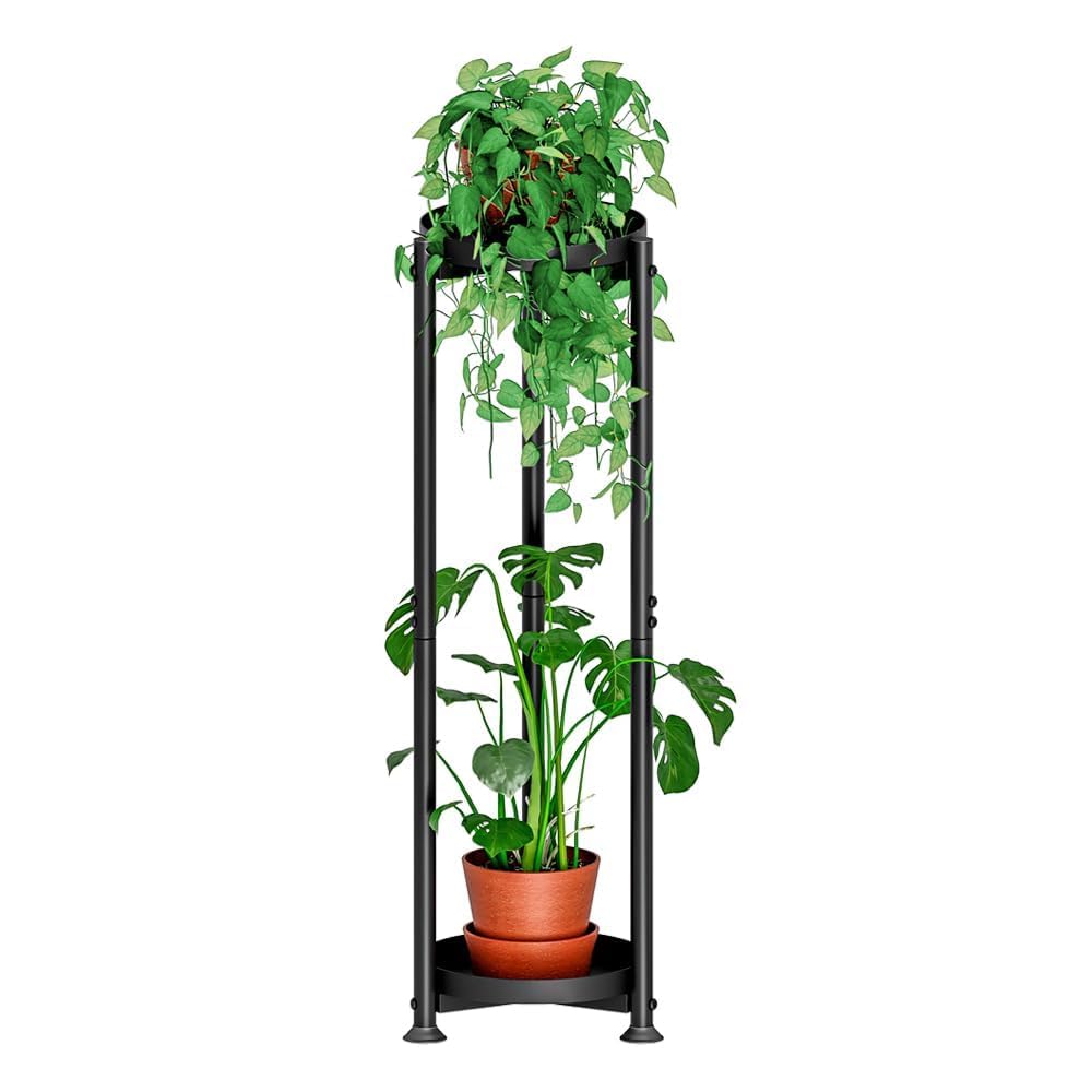 YIZAIJIA Plant Stand Indoor Outdoor Corner Tall 2 Tier Metal Tiered Single Small Plant Stands Sturdy Shelf for Living Room Balcony Garden,Black