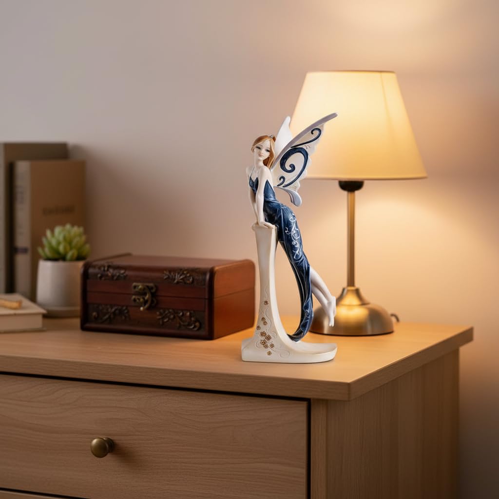 Comfy Hour 7" Standing Fairy Figurine, Elegant Woman Statue in Dark Blue Gown, Sophisticated Fairyland Desktop Decor Accent, Stone Resin Artisan Crafted Sculpture, 1 Unit