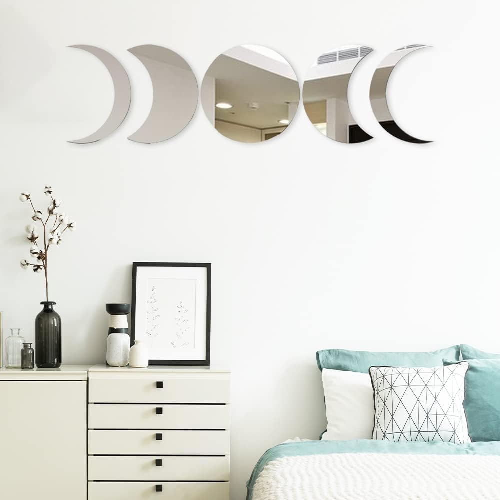 5pieces Moon Phase Mirror Set Wall Decor, Unbreakable Acrylic Self-Adhesive Bohemian Moon Mirror Wall Stickers, Scandinavian Style Aesthetic Home Decor for Bathroom Living Room Office Apartment Dorm