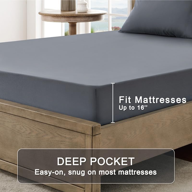 FreshCulture Queen Sheet Set - Ultra Soft Sheets for Queen Size Bed - Brushed Microfiber - Deep Pockets - Easy Care - Cooling & Breathable - 4 Pieces Hotel Luxury Queen Bed Sheets (Dark Grey)