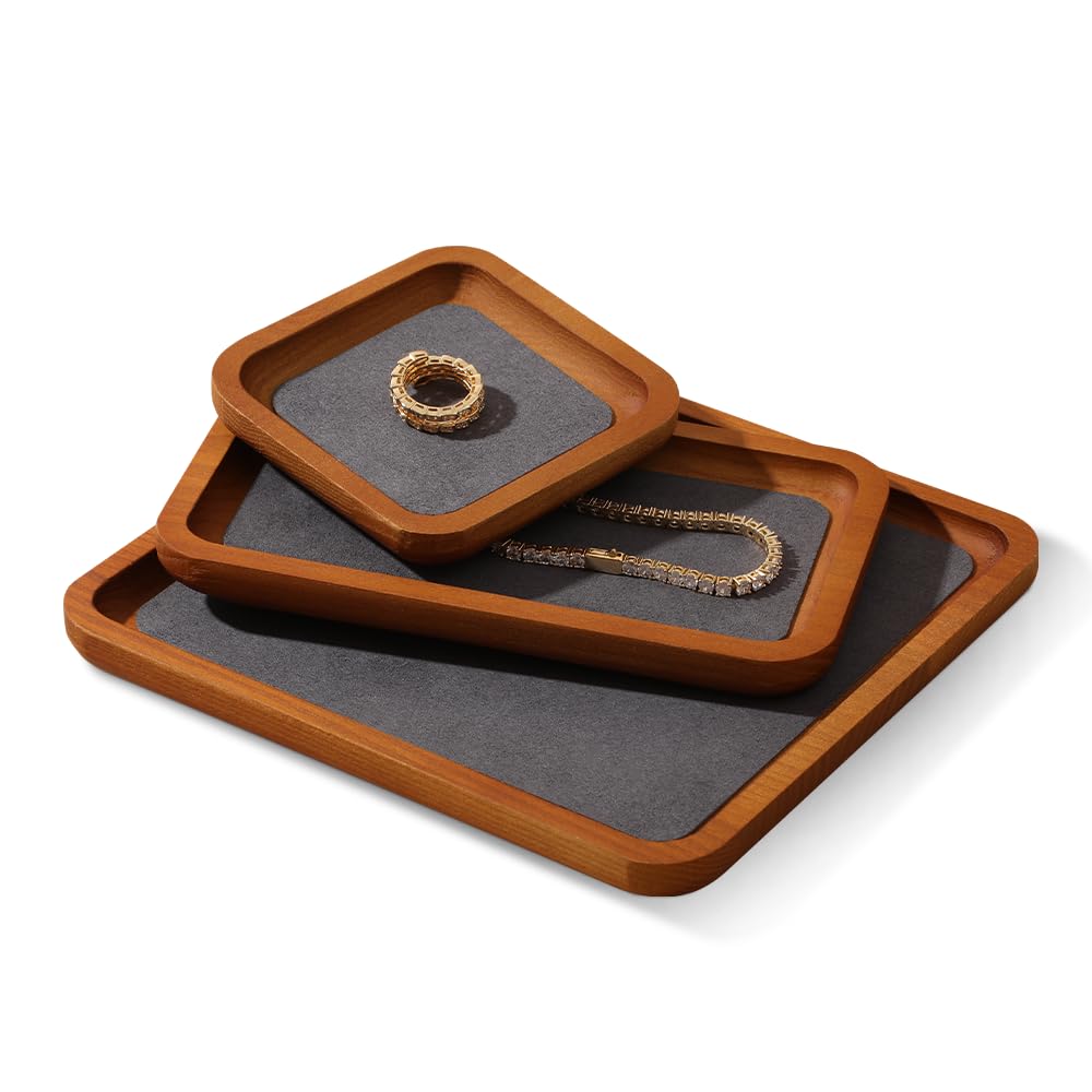 YUQIN Wooden Jewelry Display Tray Rounded Rectangle Ring Showcase Stackable Elegant Bracelet Watch Jewelry Organizer for Personal Use and Commerce (Gray, Large-W 7'' x H 0.6'' x L 7.9'')