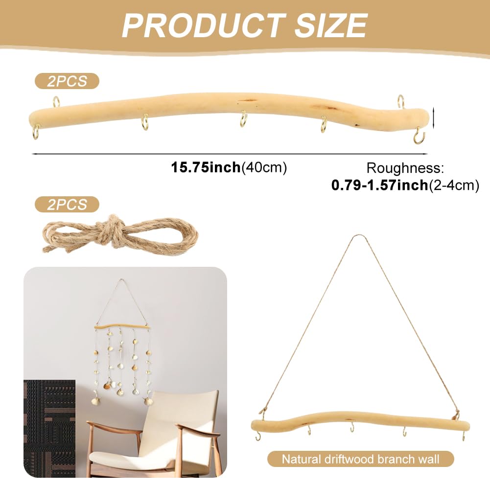 Saycker 2Pcs 15 Inch Driftwood Wall Hanging Jewelry Hanger, Rustic Branch Hanger Rack with 5 Hooks for Small Item Key(Wood color)