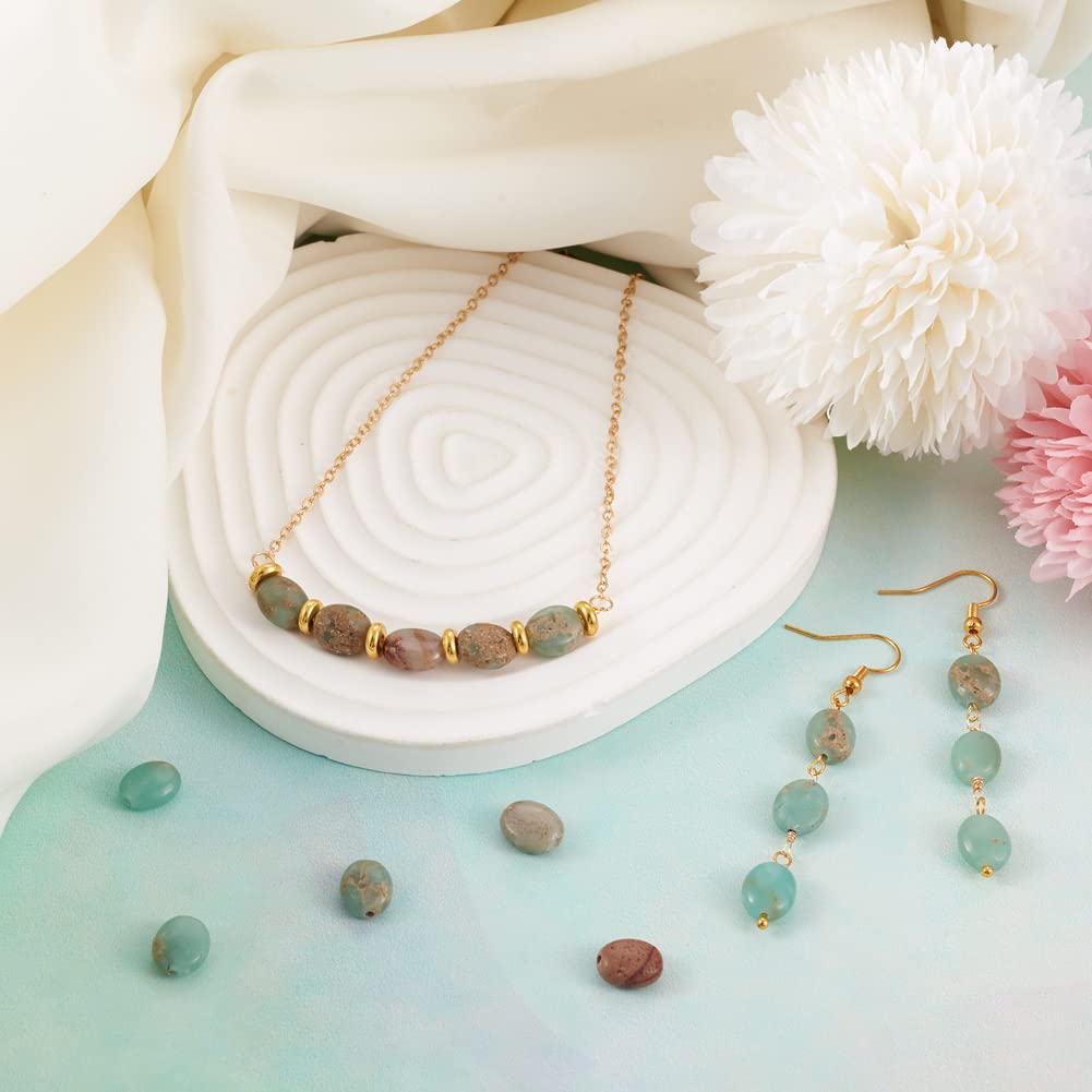 Fashewelry 39pcs Natural Aqua Terra Jasper Stone Beads Flat Oval Healing Crystal Loose Gemstone Beads 10x8mm for Jewelry Necklace Bracelet Earring Craft, 15.35 Inch