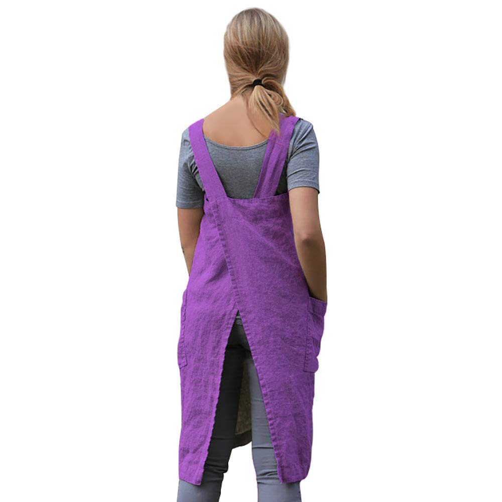 Larmliss Women's Pinafore Square Apron Baking Cooking Gardening Works Cross Back Cotton/Linen Blend Dress with 2 Pockets Purple-M