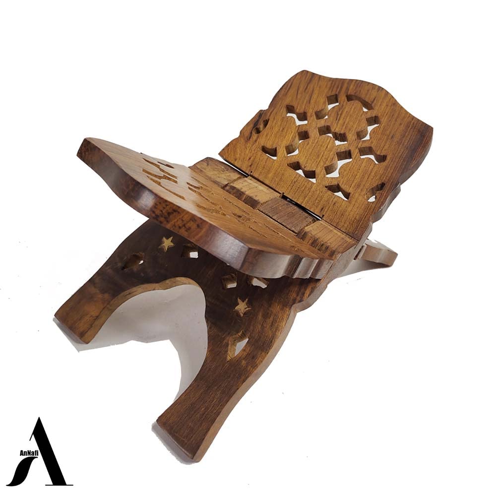 AnNafi® Wooden Book Holder Stand | Rehel/Rehal for Quran Geeta Bible | Indian Book Holders for Reading Hands Free for Desk Gold Stickers | Holy Book Stand Prayer Wood Islam Decor Handmade Gifts