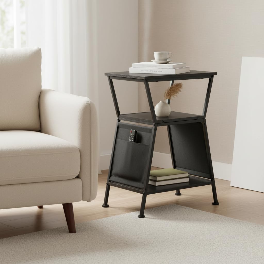 ZEXVIDA End Table with Storage Bag, Three-Tier Trapezoidal Side Table with Storage Bag, Corner Table Sofa End Table for Living Room Bedroom