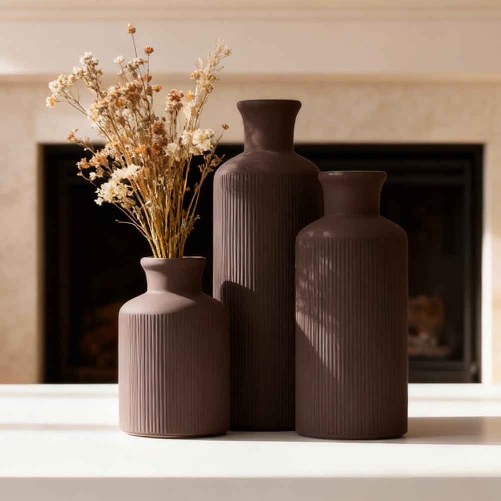 Brown Ceramic Vase Set of 3 – Small Flower Vases, Modern Farmhouse Boho Flower Vases for Home Decor, Rustic Pottery Vases for Centerpieces, Living Room, Shelf, Fireplace, Entryway Decor, Table