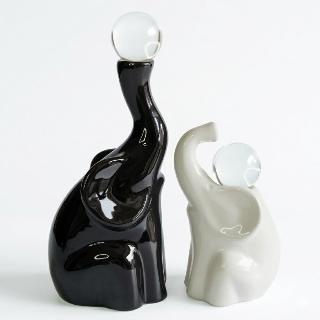 AOBOWEYO Handmade Elephant Gifts for Women, Ceramic Figurines with Crystal Balls, Modern Statues Home/Office Decor, Animal Sculpture for Anniversary/Housewarming/Wedding/Couples (Black & White)