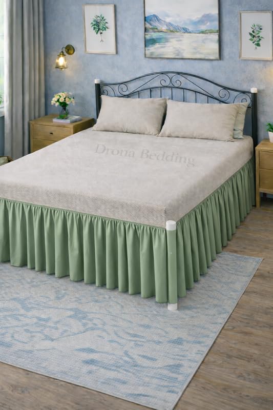 Drona Bedding 100% Cotton Ruffle Bed Skirt Deep Pocket Drop 18 Soft Gathered Farmhouse Style, Classic Tailored Finish, Machine Washable Easy Care - King 76X80-Sage