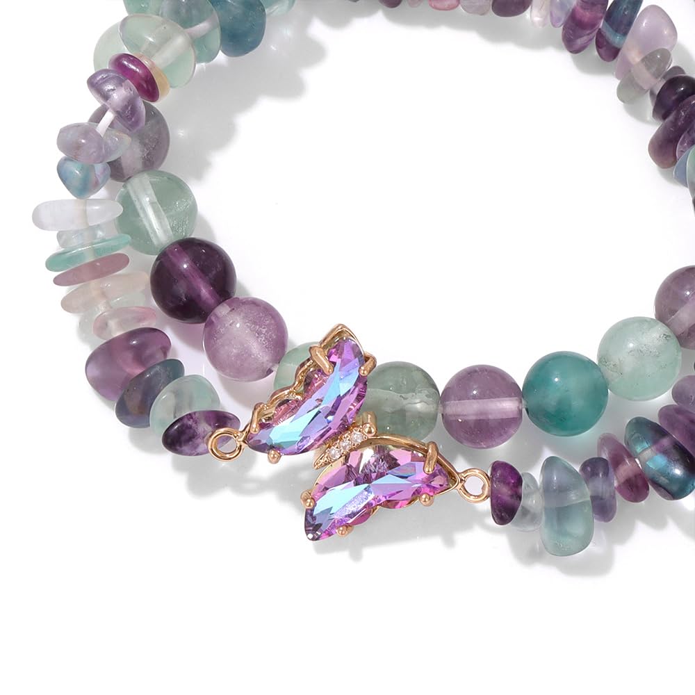 GolbalJew Fluorite Stone Bracelet for Women Healing Crystal Stone Bracelets Green Gemstone Beads Stretch Bracelet Butterfly Charms Jewelry Women Gift
