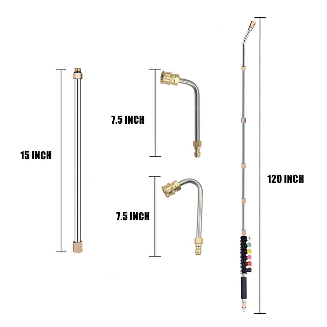 Selkie 120inch Stainless Steel Pressure Washer Extension Wand Power Washer Lance with Spray Nozzle Tips,30°,90°Curved Rod, 1/4’’Quick Connect, Replacement for Anti-Leaked Ring 4000 PSI…
