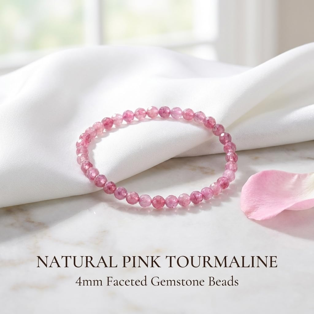Angelstones Natural Pink Tourmaline Gemstone Stretch Bracelet, 4mm Faceted Round Beads, Crystal Healing for Women