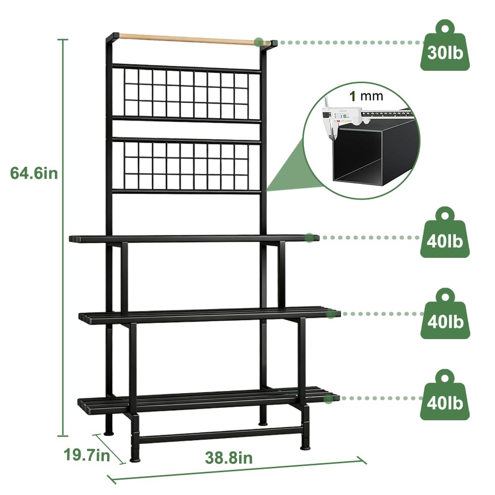 YOBAZAN 3-Tier Metal Plant Stand with Hanging Shelf – Heavy Duty, Waterproof Indoor & Outdoor Flower Rack for Multiple Pots, Balcony, Garden, Living Room – Black