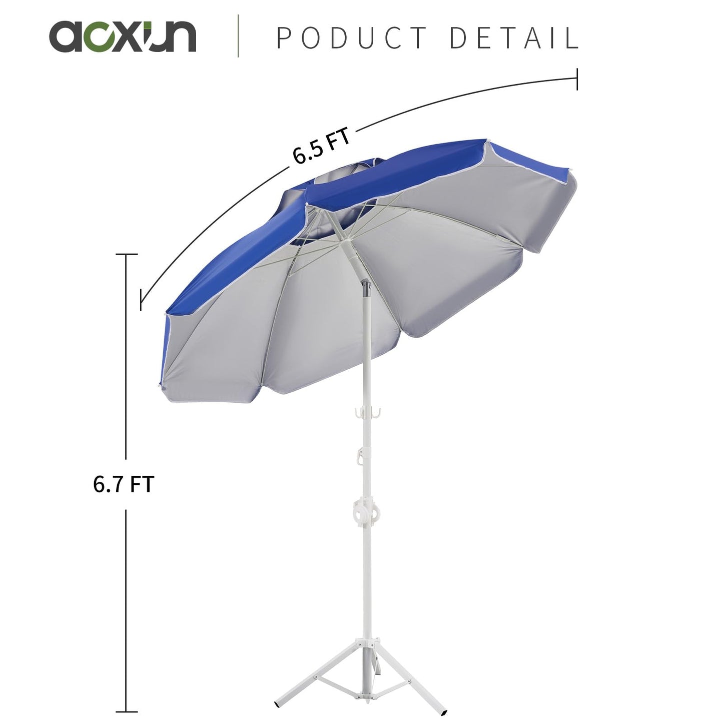 Aoxun Portable Umbrella with Stand, 6.5ft Sun Shade Umbrella with Stand, Lightweight Adjustable Standing with Sand Anchor and Carry Bag, Instant Sun Protection, Easy to Carry, Blue