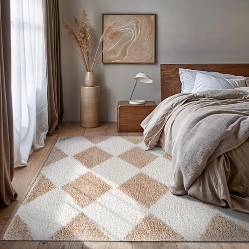 Rugshop Diamond Wave Shag Area Rug Beige 7' 10" x 10' Perfect for Large Living Rooms, Dining Areas, or Master Bedrooms