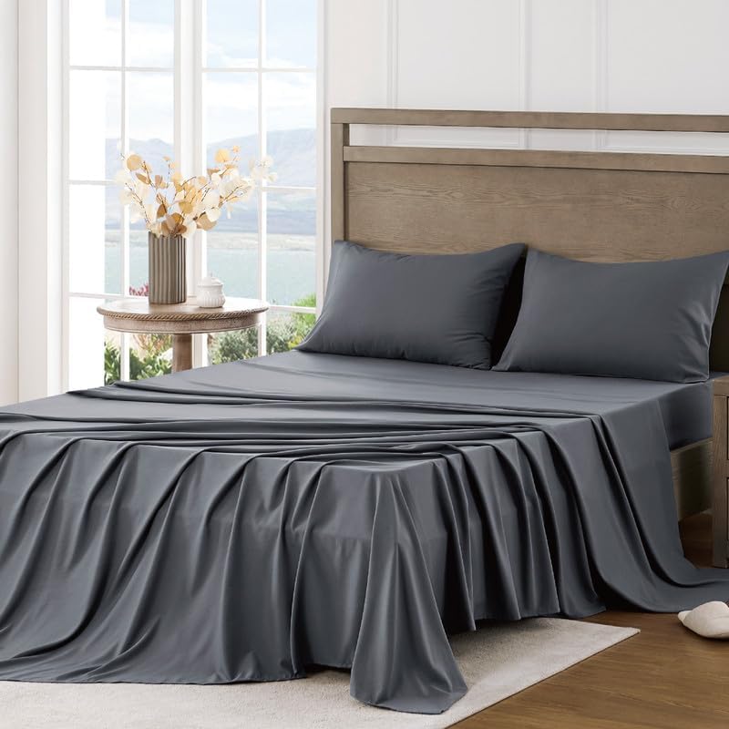 FreshCulture Queen Sheet Set - Ultra Soft Sheets for Queen Size Bed - Brushed Microfiber - Deep Pockets - Easy Care - Cooling & Breathable - 4 Pieces Hotel Luxury Queen Bed Sheets (Dark Grey)