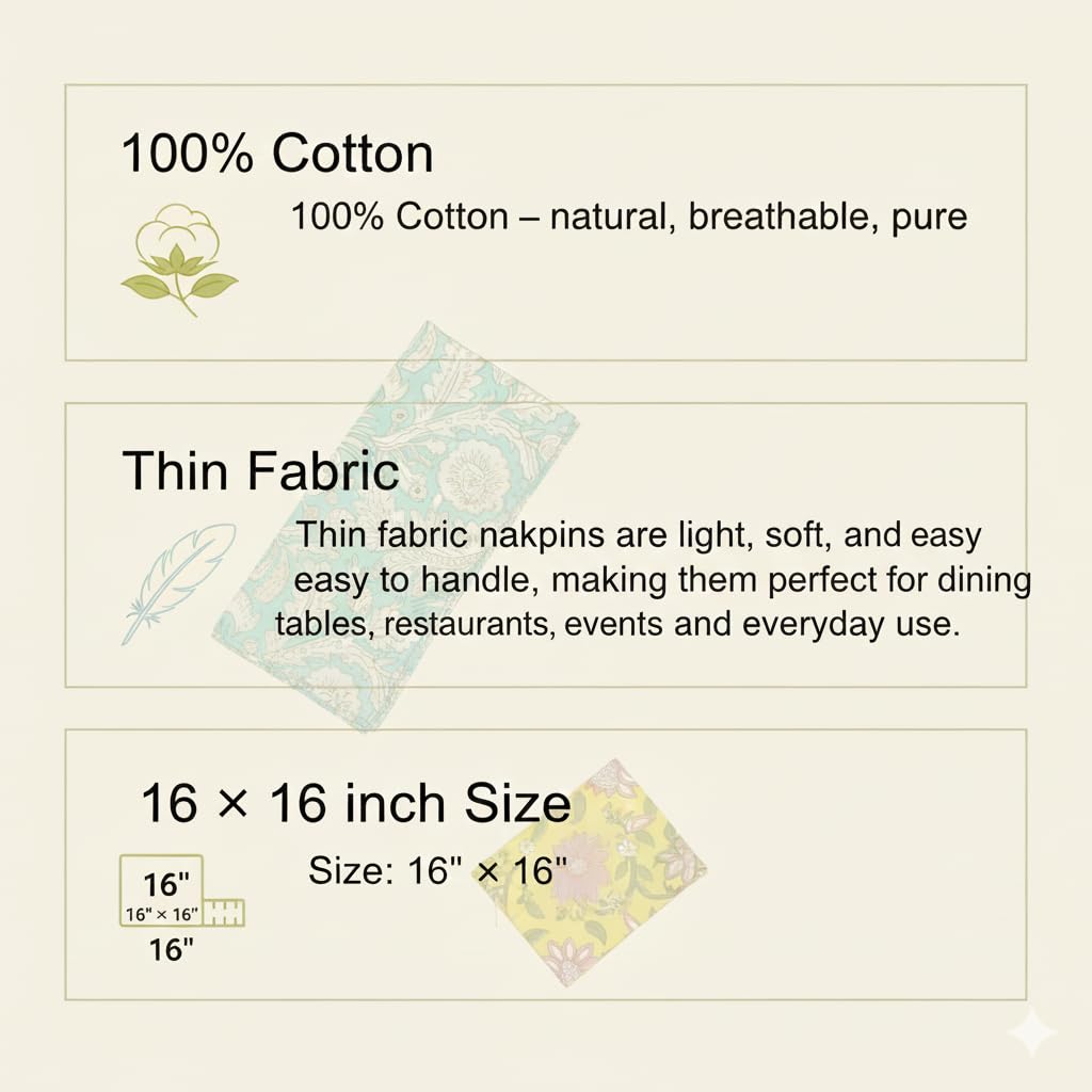DIYANAIMPEX 10 Pc Cotton Cloth Napkins Hand Block Print Hand Made Size 16x16 Inch Printed Home Decor Indian Eco Friendly Mix Lot Dinner Napkins (Multicoloured)