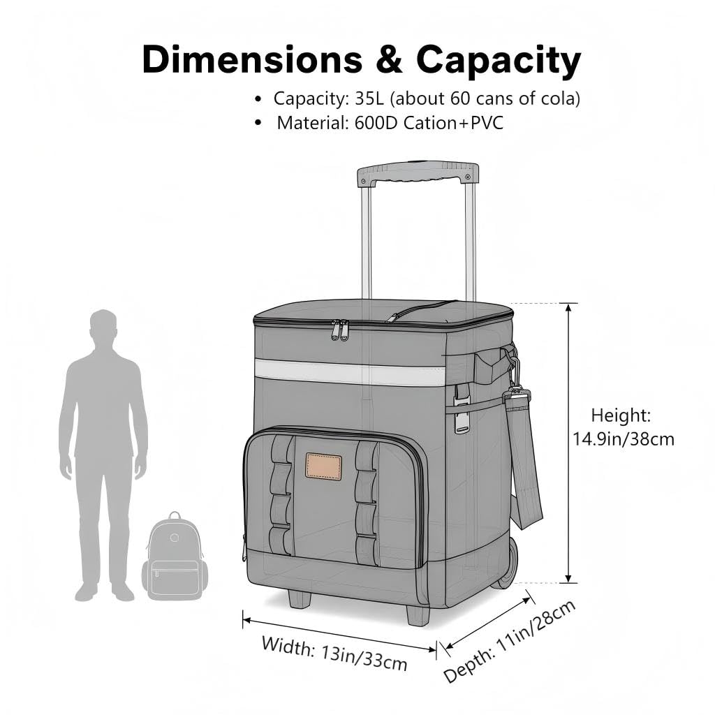 Spherate Insulated Rolling Cooler with Wheels - Soft Leak Proof Ice Chest for Camping, Beach, Travel and Lunch - Portable Wheeled Cooler (Gray)