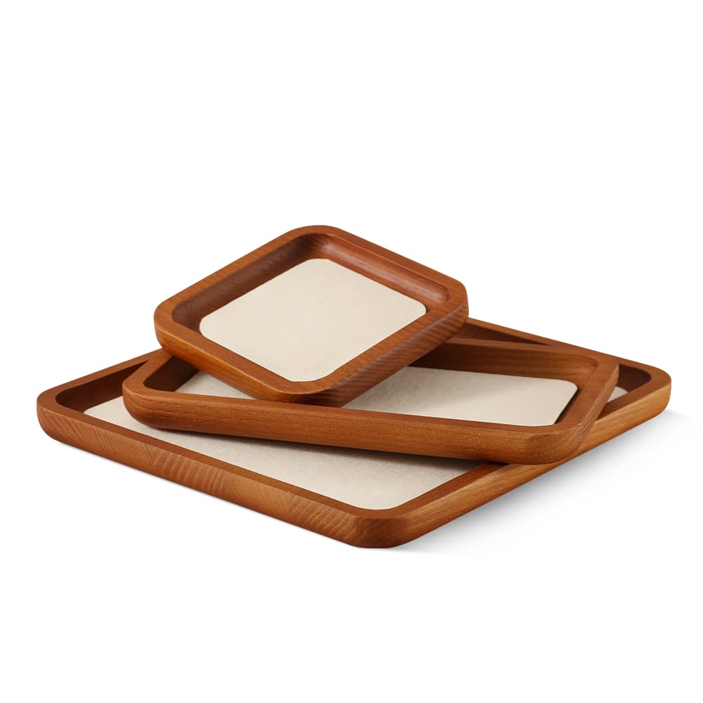 YUQIN Wooden Jewelry Display Tray Rounded Rectangle Ring Showcase Stackable Elegant Bracelet Watch Jewelry Organizer for Personal Use and Commerce (Old Lace, Large-W 7'' x H 0.6'' x L 7.9'')