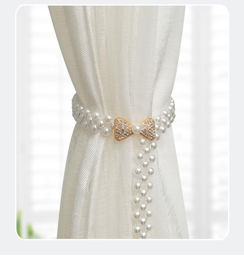 Funny live Curtain Tiebacks, 2 Pack Curtain Ties Outdoor Elegant Decorative Tie Backs Modern Pearl Tiebacks for Drapes Window Curtain Holdbacks for Draperies Accessories (Pearl Bow)