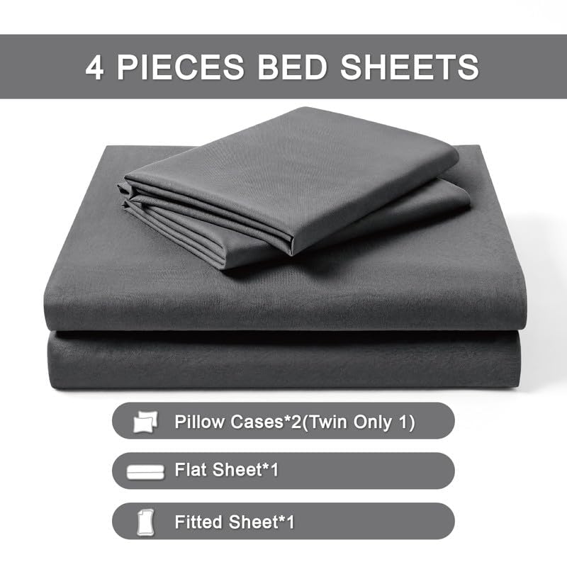 FreshCulture Queen Sheet Set - Ultra Soft Sheets for Queen Size Bed - Brushed Microfiber - Deep Pockets - Easy Care - Cooling & Breathable - 4 Pieces Hotel Luxury Queen Bed Sheets (Dark Grey)