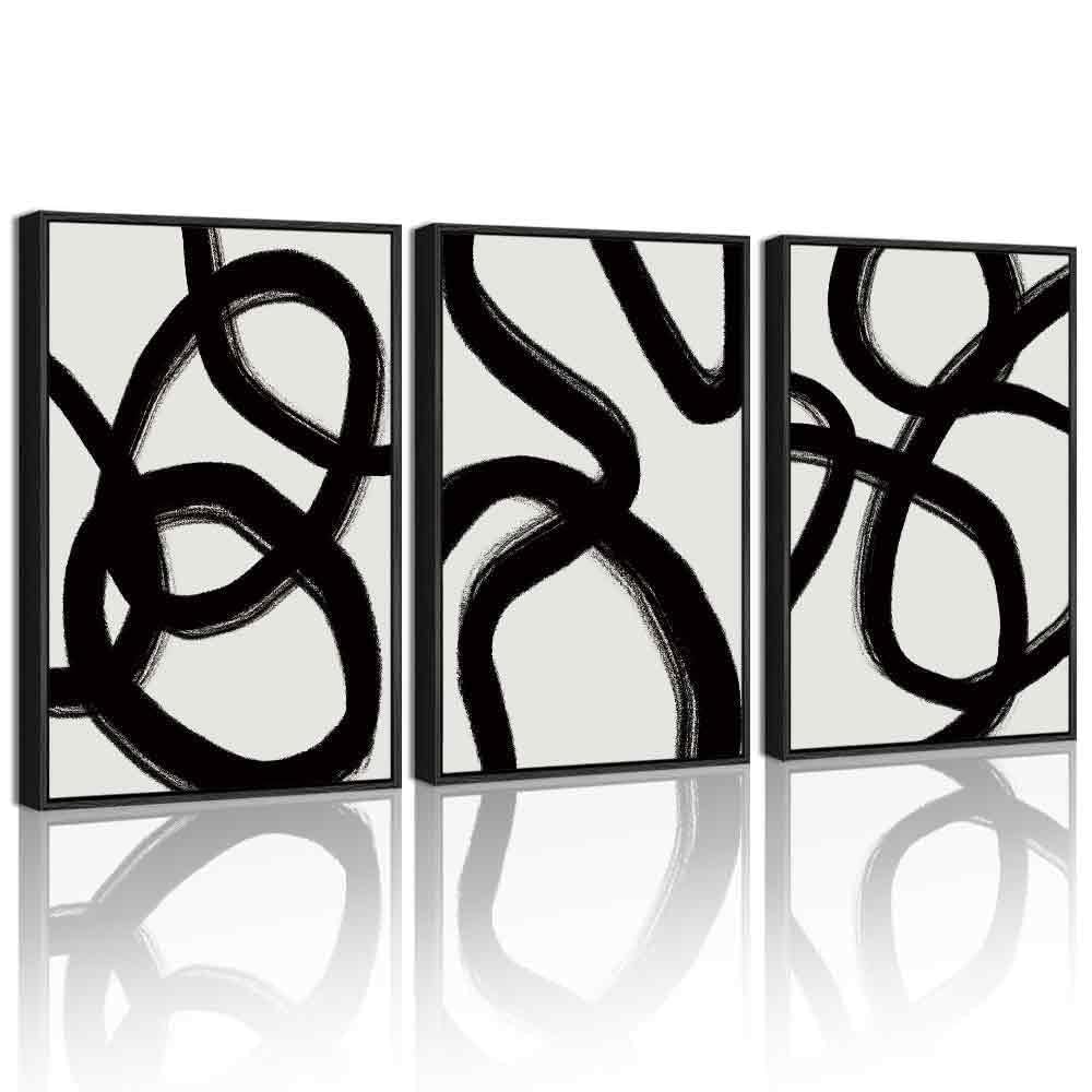 KUVIOKE Black and Grey Abstract Framed Wall Art Ink Wash Minimalist Lines Painting Artwork for Bedroom Hallway 12x16in (Black Framed)