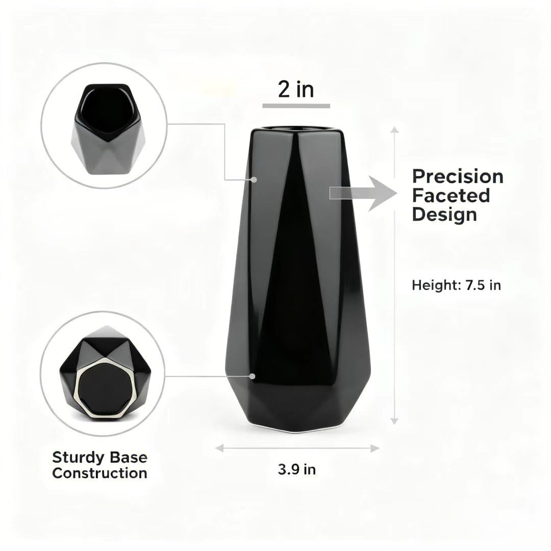 Modern Black Ceramic Vase, 7.5 Inch Geometric Flower vases, Minimalist Design for Table Shelf Centerpiece Home Decor Fit for Housewarming, Weddings, Birthday,Christmas