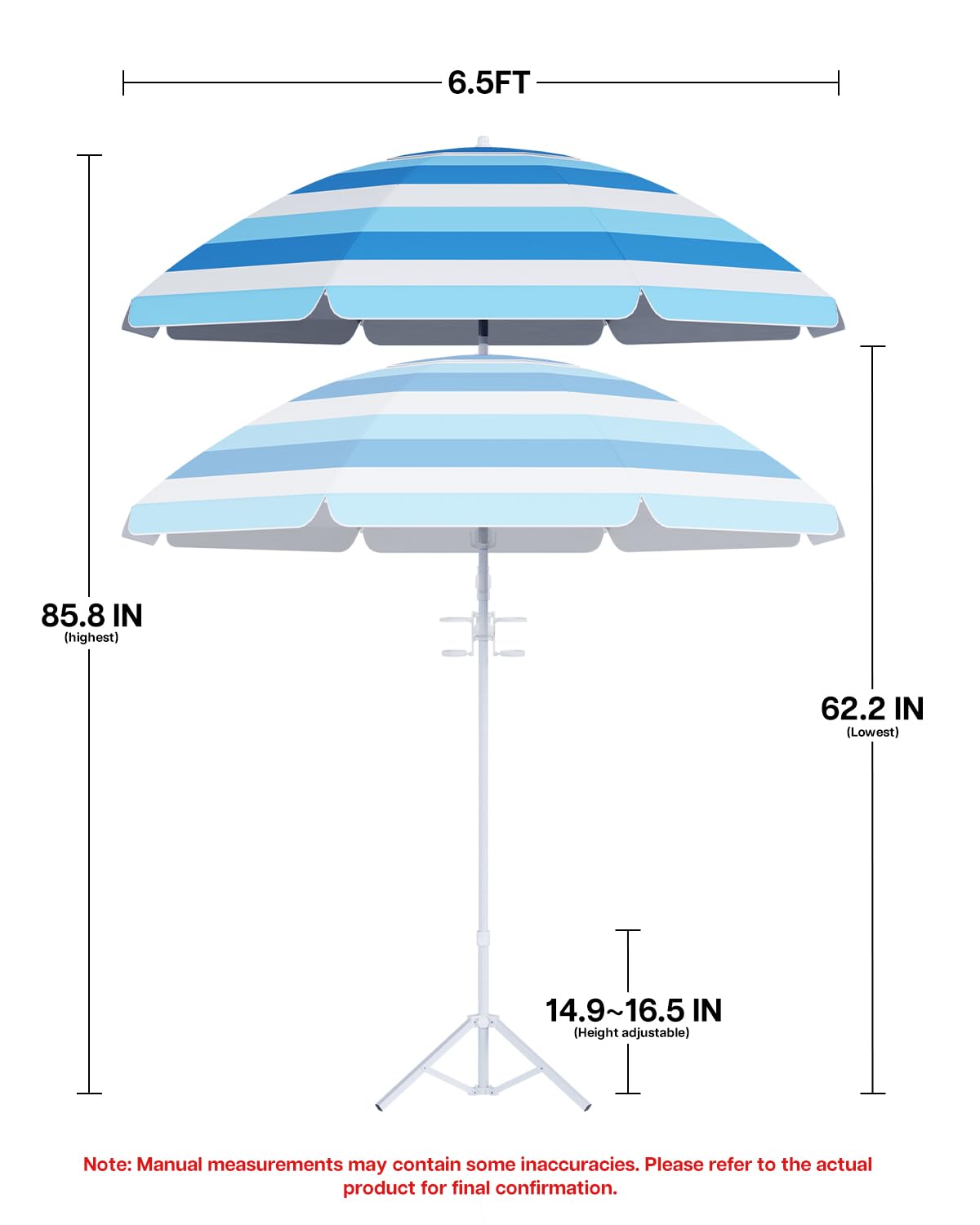 paramondo Portable Beach Umbrella with Cup Holder - 6.5FT Blue and White Striped Sun Umbrella, Adjustable Aluminum Alloy Pole, Windproof & UV Protection for Sand, Patio, and Backyard, Sea Rhythm