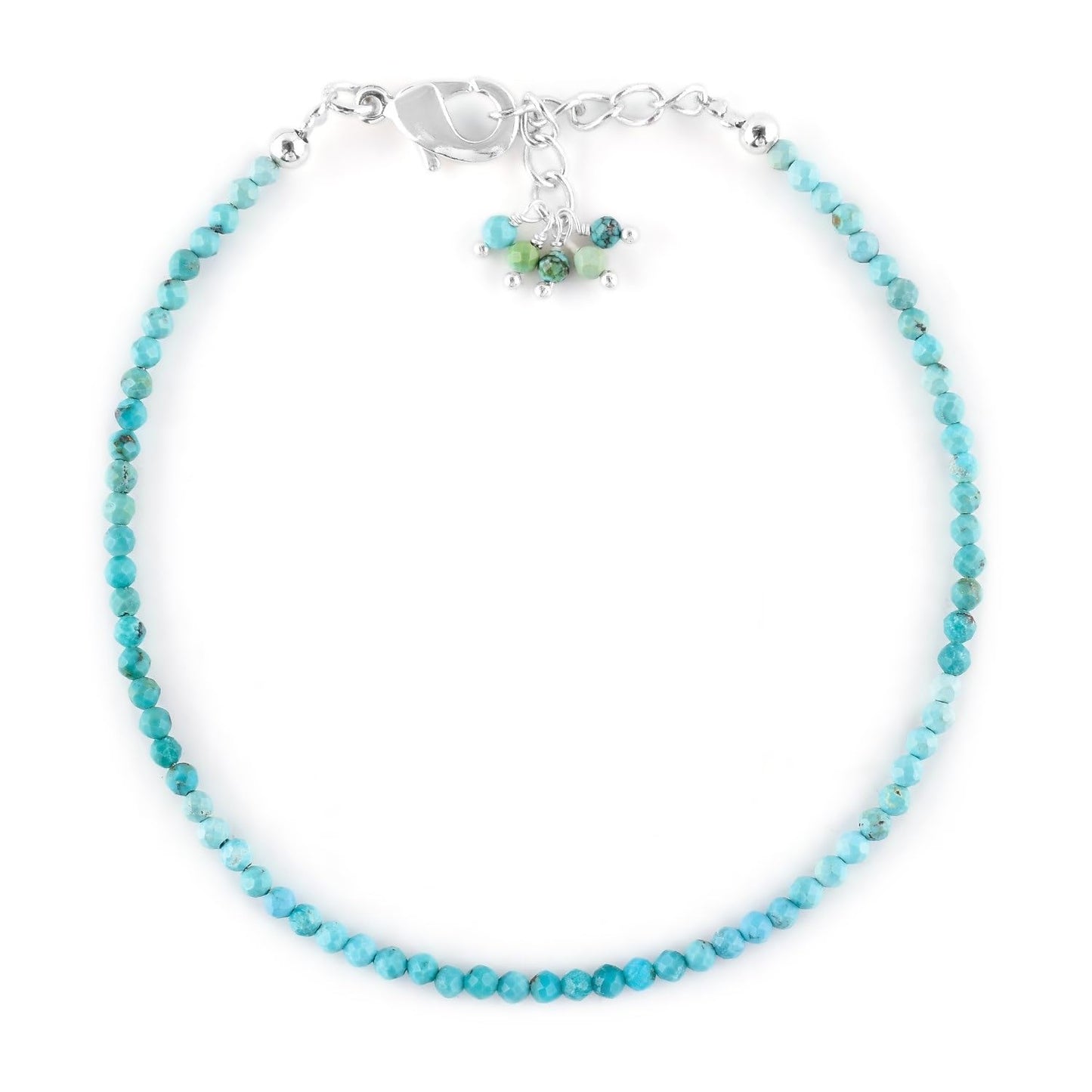 QNAVIC Real Shaded Blue Turquoise Gemstone Micro Round Beads Dainty Bangle Bracelet Jewelry for Women Healing Chakra Crystals December Birthstone Gifts Silver Plated Chain 8 inch