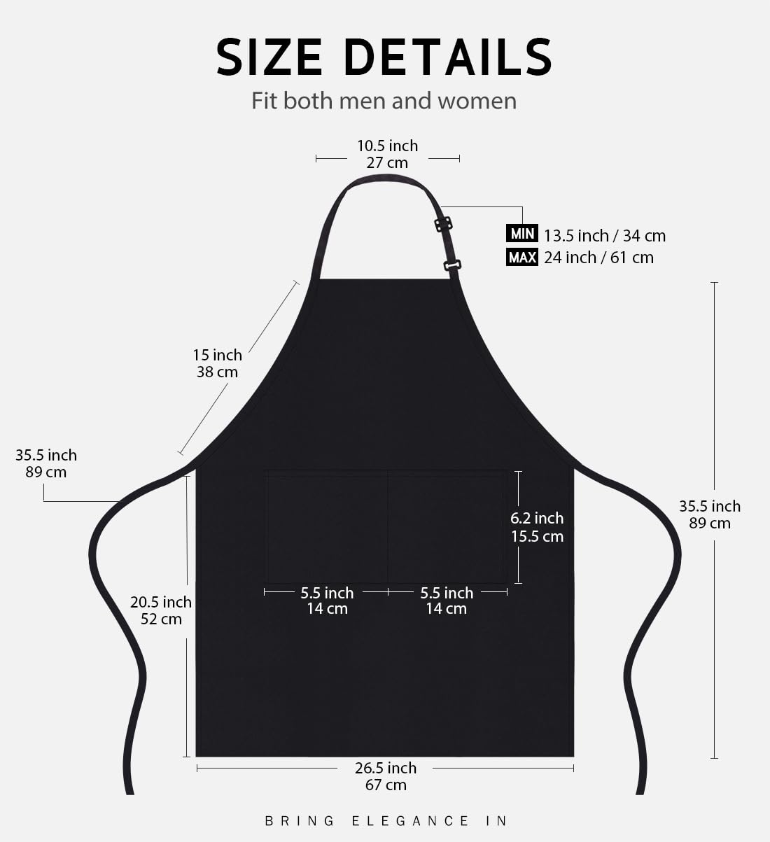 Syntus Adjustable Bib Apron with 2 Pockets Cooking Kitchen Aprons for Women Men Chef, Basic Black 2 Polyester