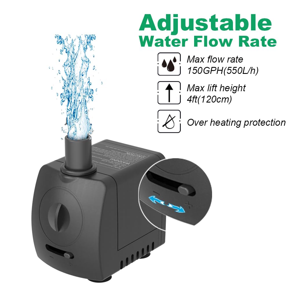 Knifel Submersible Pump 150GPH (550 L/H 9.5W) Ultra Quiet with Over Heating Protection 4ft High Lift for Fountains, Hydroponics, Ponds, Aquariums & More