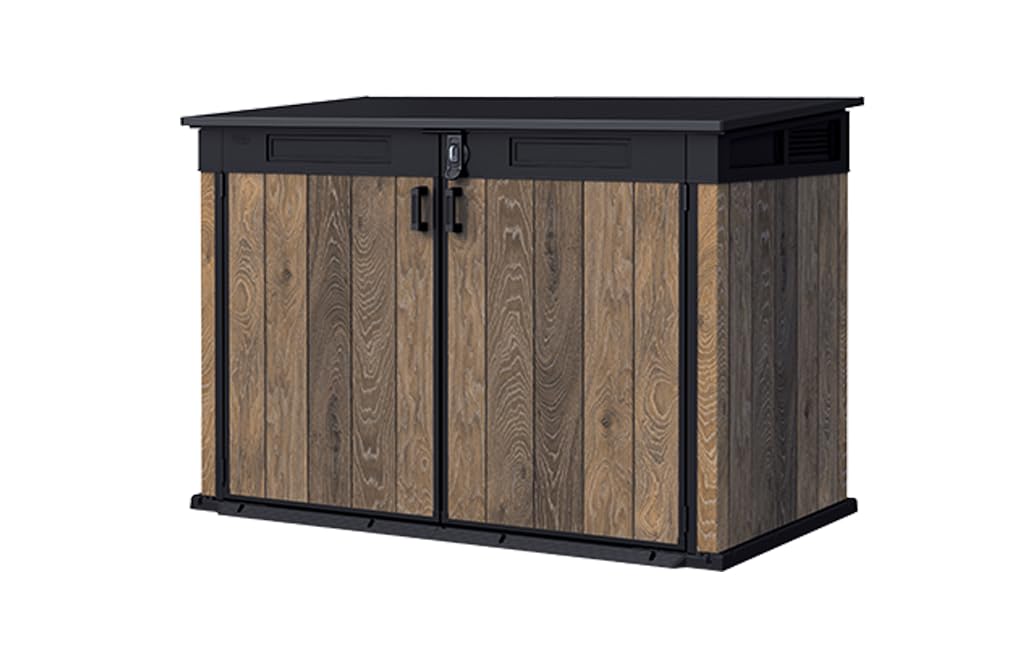 Keter Signature Collection All Weather Outdoor Storage Shed – Durable Resin Garden Shed with Built‑in Ventilation, & Lockable Double Doors – Walnut Finish
