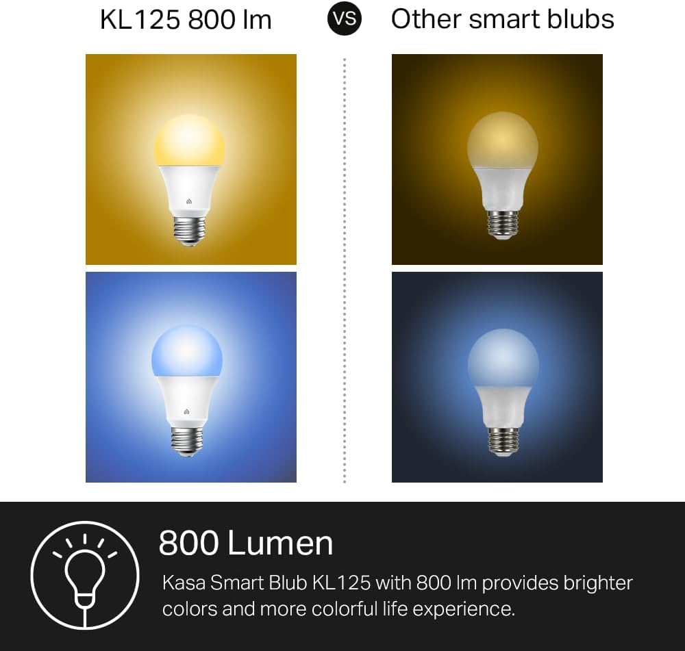 Kasa Smart Light Bulbs, Full Color Changing Dimmable Smart WiFi Bulbs Compatible with Alexa and Google Home, A19, 60 W 800 Lumens,2.4Ghz only, No Hub Required, 2-Pack (KL125P2), Multicolor