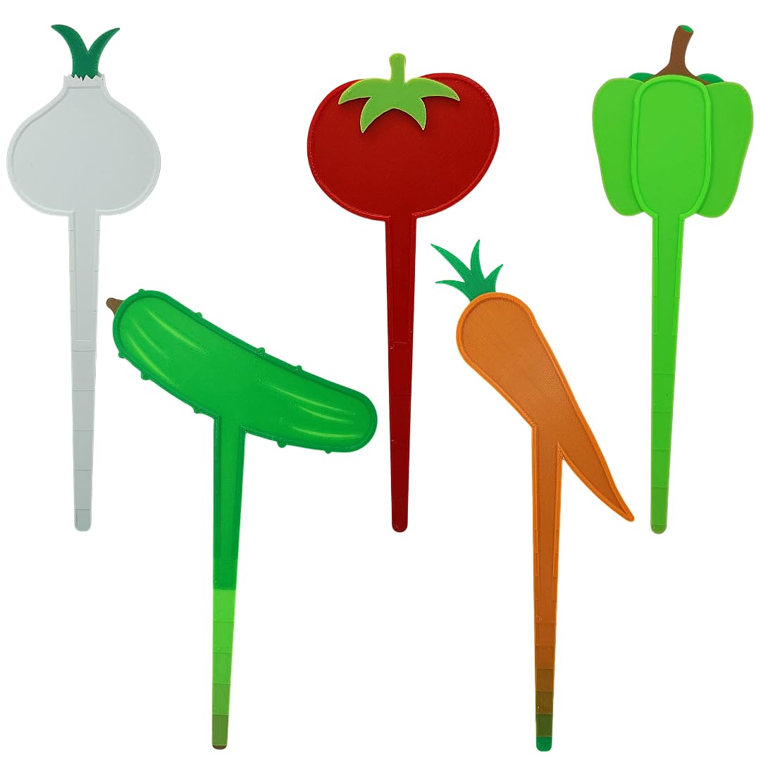 8-Inch Vegetable Garden Plant Markers - Set of 5 - Durable & Eco-Friendly Plastic - Made in The USA - Tomato, Cucumber, Bell Pepper, Onion, and Carrot.