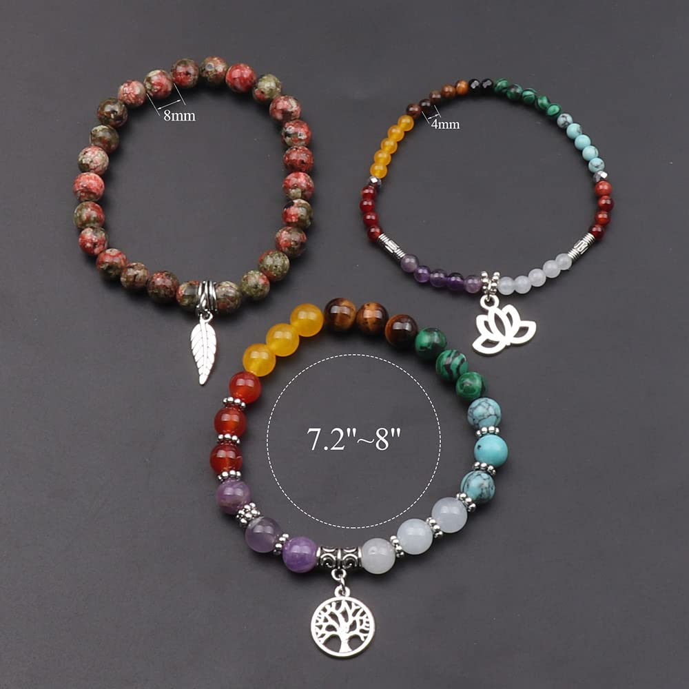 UEUC Gemstone Chakra Bracelets for Women, Multilayer Tree of Life Lotus Crystal Healing Stone Bracelet Sets, Yoga Meditation Reiki Relax Bracelets for Stress Relief(#138)
