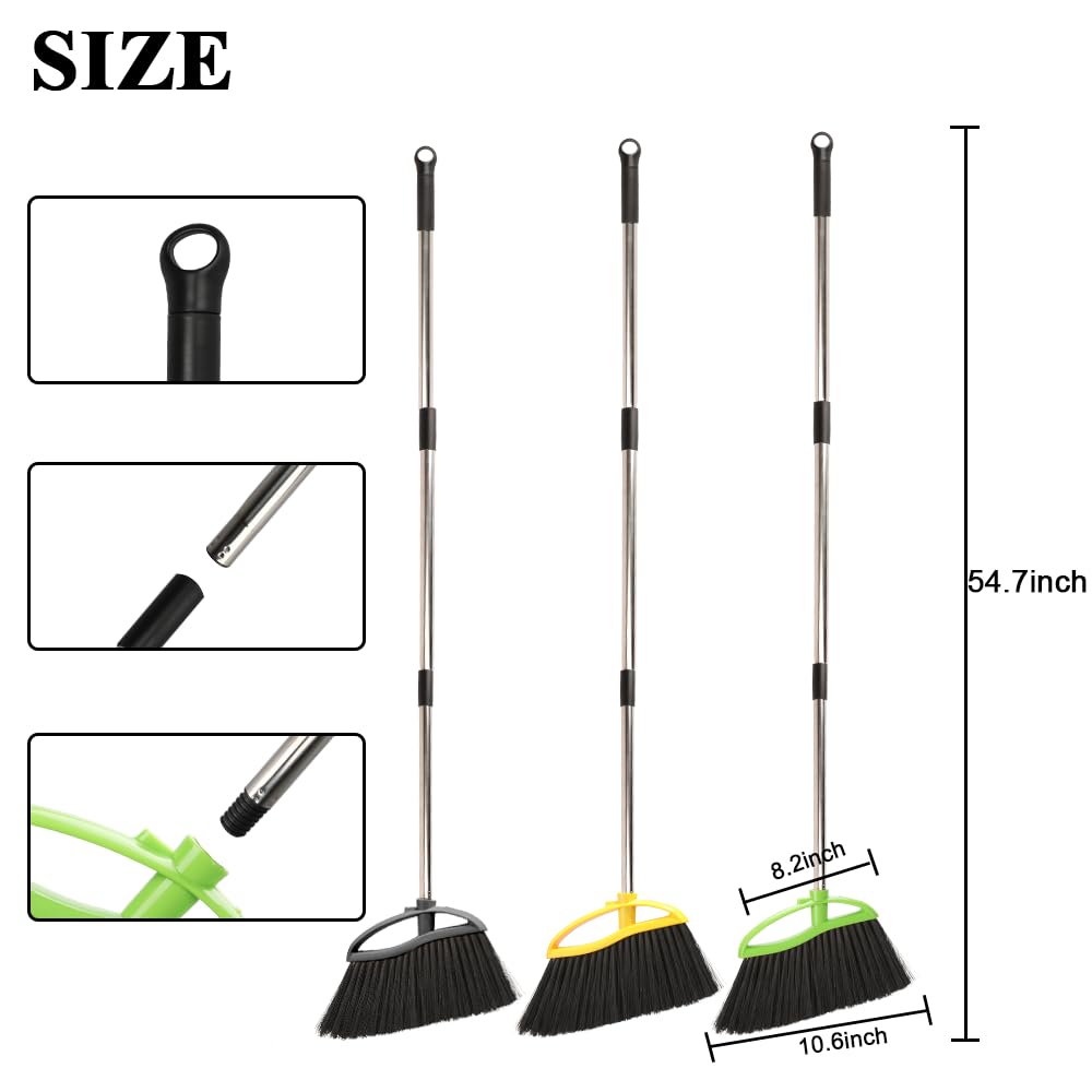 Chanhoo 3 Pack Soft Bristle Angle Broom for Floors - Wide Indoor Heavy Duty Broom with 38"-53.5" Adjustable Handle, Kitchen & Restaurant Use for Hardwood, Porch (Gray, Yellow, Green)