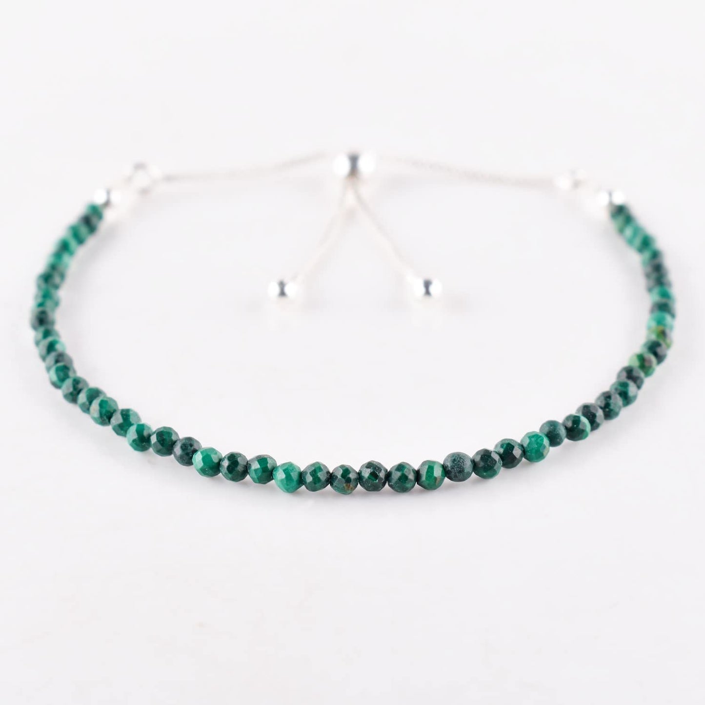 ZEMBIENCE Natural Malachite Gemstones Bolo Bracelet, Micro-Faceted Beads, Chakra Healing Crystals, Silver Plated, Adjustable Slider, Minimalist, Birthday, Women Jewelry, Valentine Gifts, Size 10"
