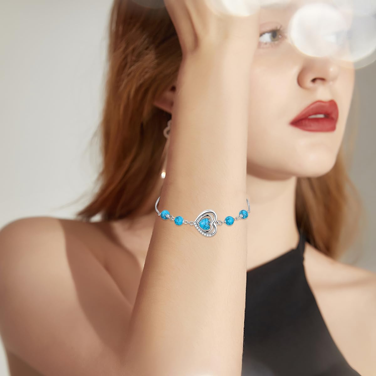PEIMKO 925 Sterling Silver Heart Turquoise Exquisite Bracelet Boho Style Bracelet Jewelry Gifts for Women Mother-7