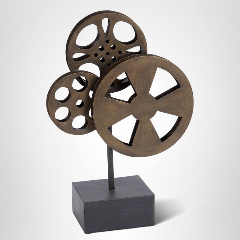 Deco 79 Metal Film Decorative Sculpture Reel Home Decor Statue with Elevated Block Base, Accent Figurine 11" x 5" x 16", Bronze