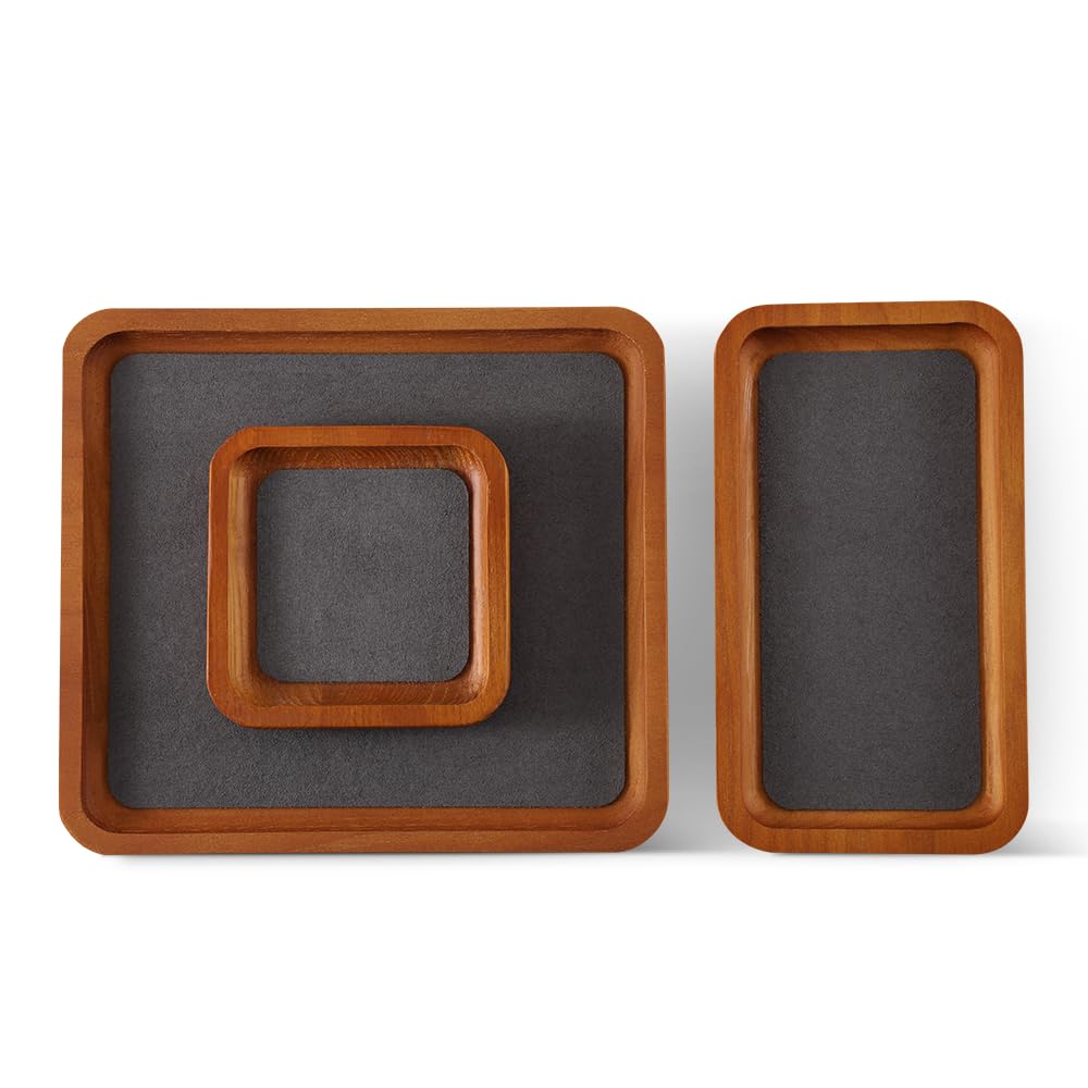 YUQIN Wooden Jewelry Display Tray Rounded Rectangle Ring Showcase Stackable Elegant Bracelet Watch Jewelry Organizer for Personal Use and Commerce (Gray, Large-W 7'' x H 0.6'' x L 7.9'')