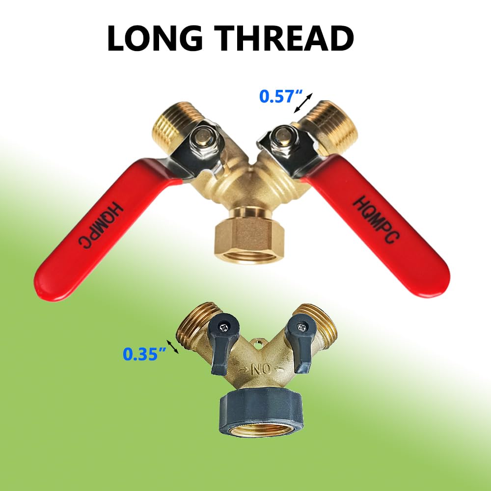 HQMPC Garden Hose Y Valve Splitter With Stainless Steel Long Handle - Brass 2 Way Water Adapter, 3/4" GHT Thread