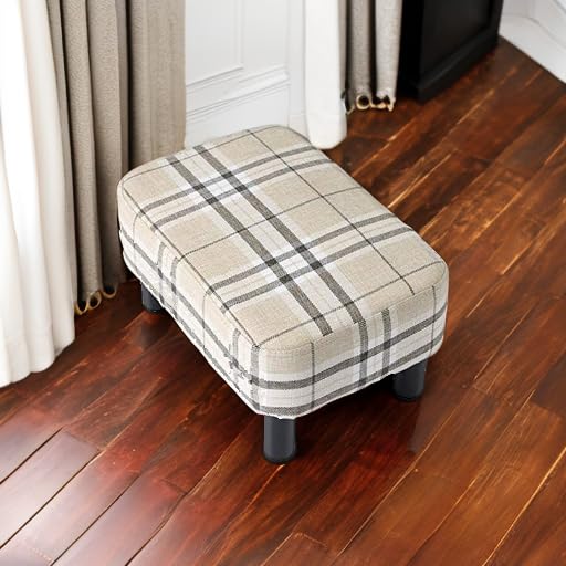 IBUYKE 16.54" Small Footstool, Linen Fabric Pouf, with Padded Seat Pine Wood Legs and Padded Rectangular Stool, for Bedroom, Stripe RF-BD215