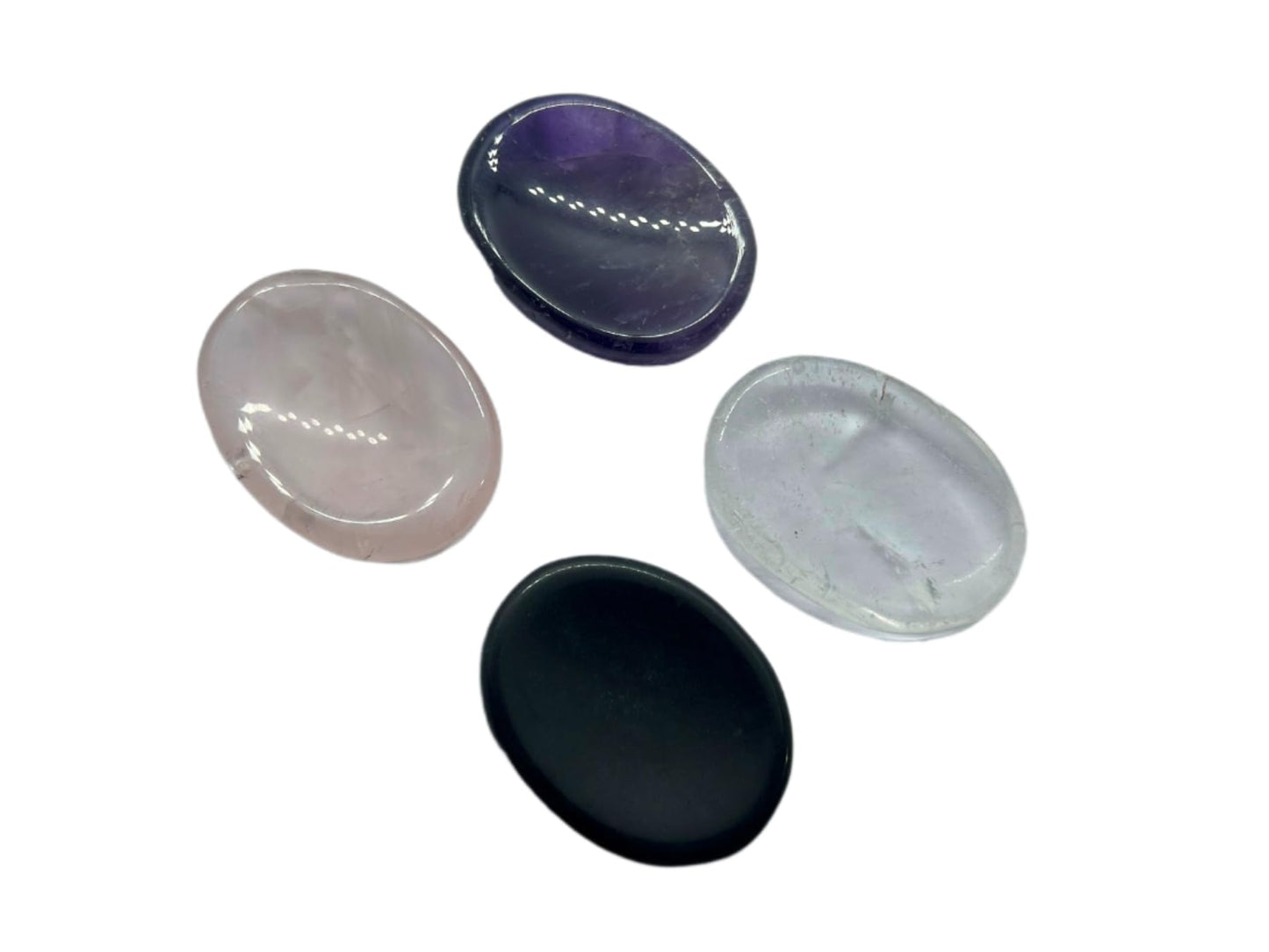 Set of 4 Pieces of Amethyst, Rose Quartz, Clear Quartz, Black Agate Thumb Worry Stones Metaphysical Gemstone Crystal Healing Reiki Men Women Gift Feng Shui Positive Energy